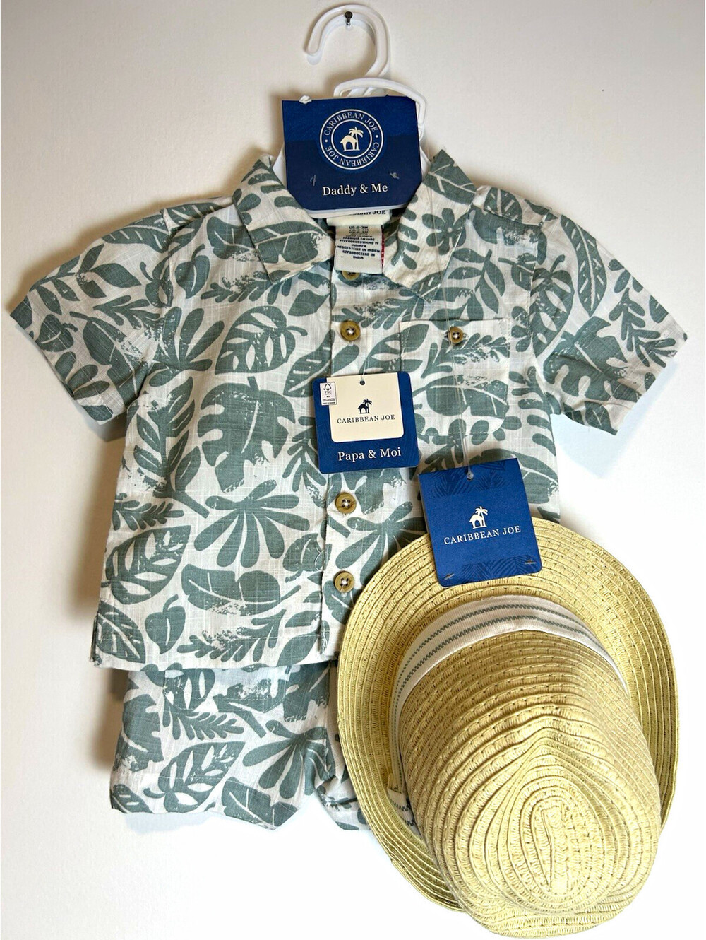 Caribbean Joe Baby Boys 3Pc Tropical Shirt Shorts Hat Set Button Drawstring 0-3M